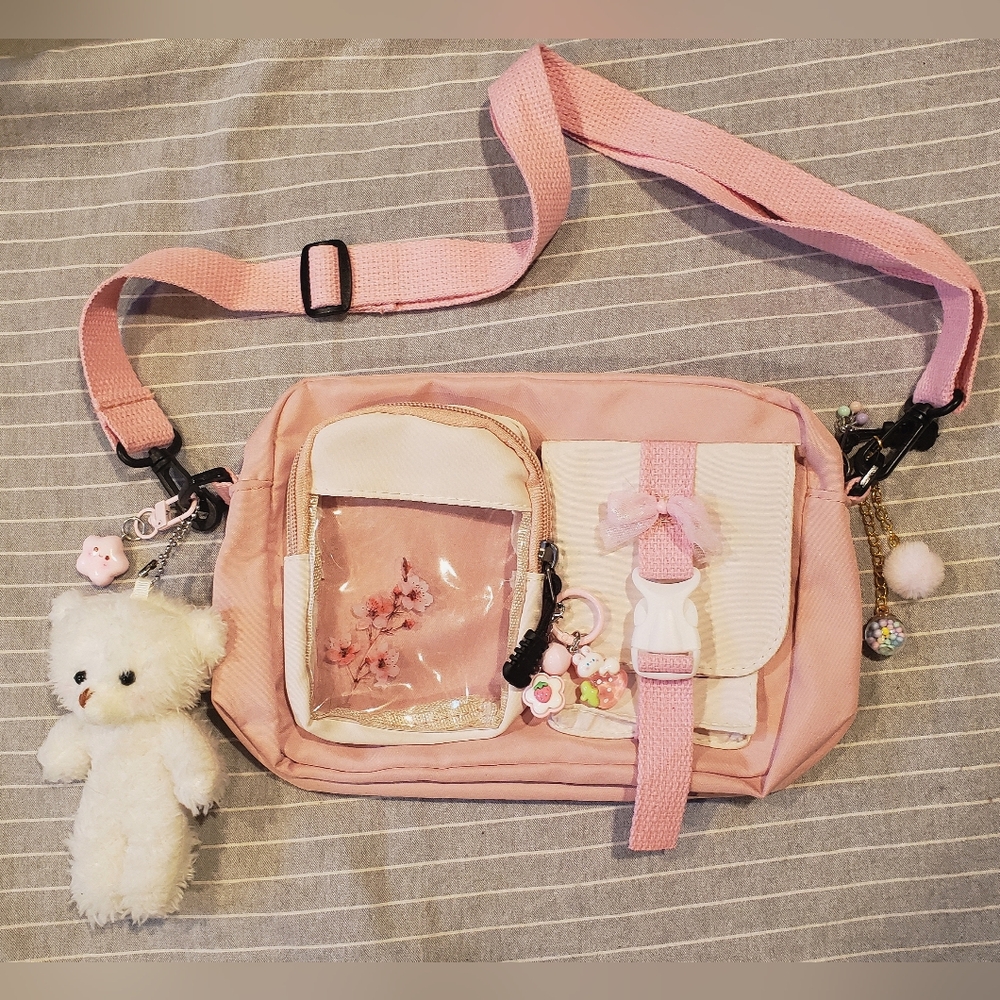 NWOT Adorable Kawaii Cute Pink Purse / Bag With Charms & Teddybear & Keychains